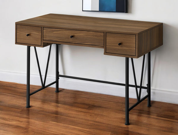 Homeroots 47" Brown And Black Wood And Metal Sled Computer Desk With Three Drawers For Stylish Organization   489914