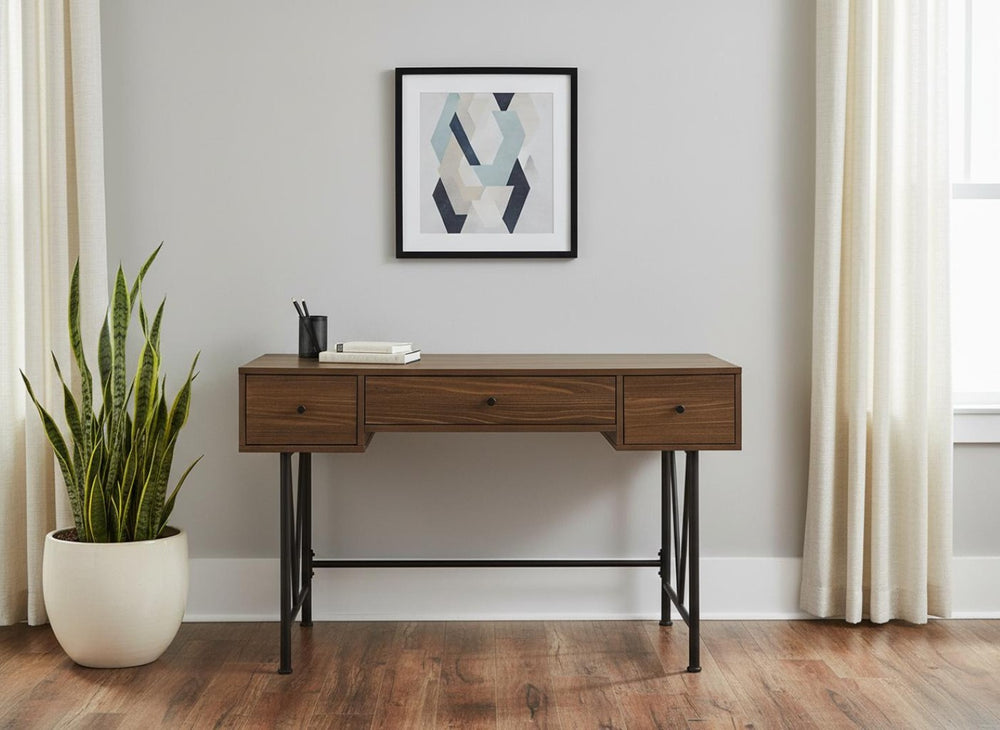 HomeRoots 47" Brown and Black Wood and Metal Sled Desk - Stylish Workstation with 3 Drawers for Home Office 489914