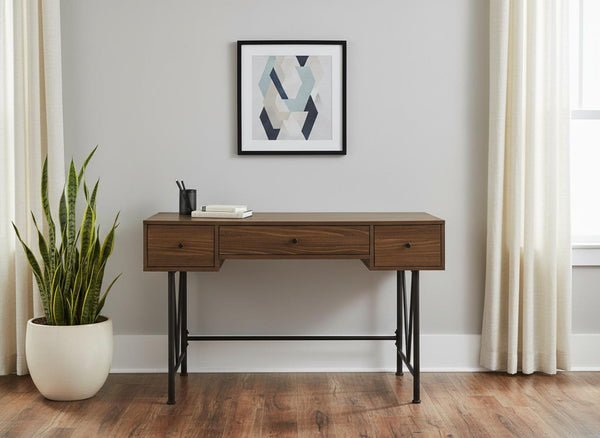HomeRoots 47" Brown and Black Wood and Metal Sled Desk - Stylish Workstation with 3 Drawers for Home Office 489914