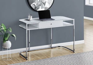 HomeRoots 47" White and Silver Wood and Metal Sled Desk - Modern Workspace Solution with Storage & Style 489915