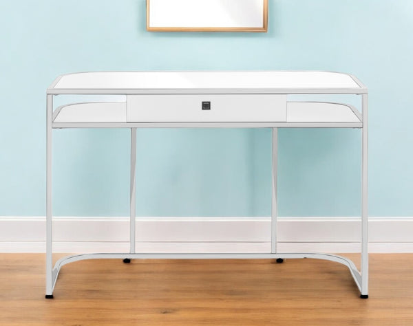 Homeroots 47" Sleek White And Silver Wood & Metal Sled Computer Desk With Hidden Drawer For Stylish Efficiency   489915