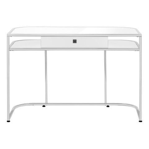 Homeroots 47" Sleek White And Silver Wood & Metal Sled Computer Desk With Hidden Drawer For Stylish Efficiency   489915