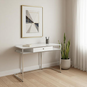 HomeRoots 47" White and Silver Wood and Metal Sled Desk - Modern Workspace Solution with Storage & Style 489915