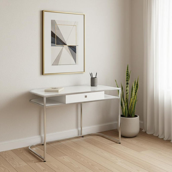 HomeRoots 47" White and Silver Wood and Metal Sled Desk - Modern Workspace Solution with Storage & Style 489915