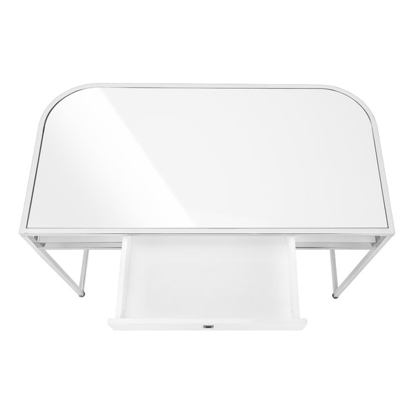 Homeroots 47" Sleek White And Silver Wood & Metal Sled Computer Desk With Hidden Drawer For Stylish Efficiency   489915