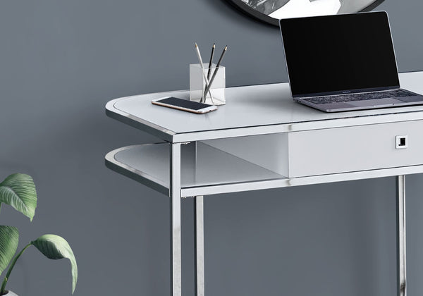 Homeroots 47" Sleek White And Silver Wood & Metal Sled Computer Desk With Hidden Drawer For Stylish Efficiency   489915