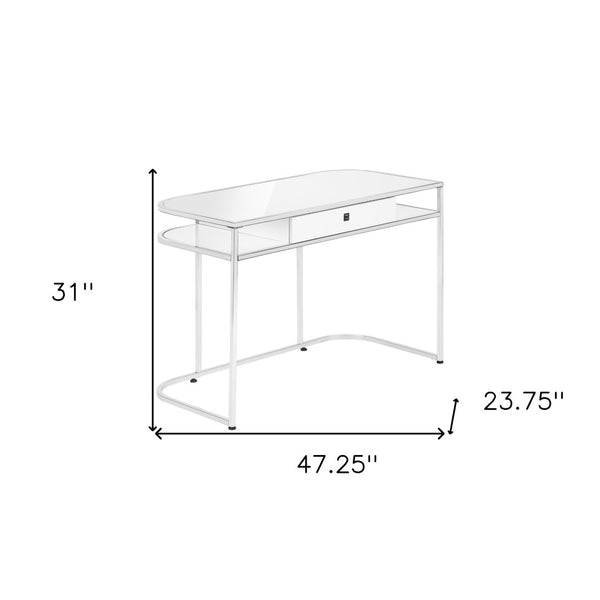Homeroots 47" Sleek White And Silver Wood & Metal Sled Computer Desk With Hidden Drawer For Stylish Efficiency   489915