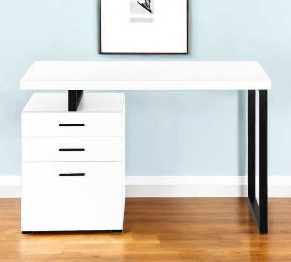 Homeroots 47" White And Black Wood And Metal Sled Desk With 3 Drawers - Stylish, Durable & Space-saving Design   489922