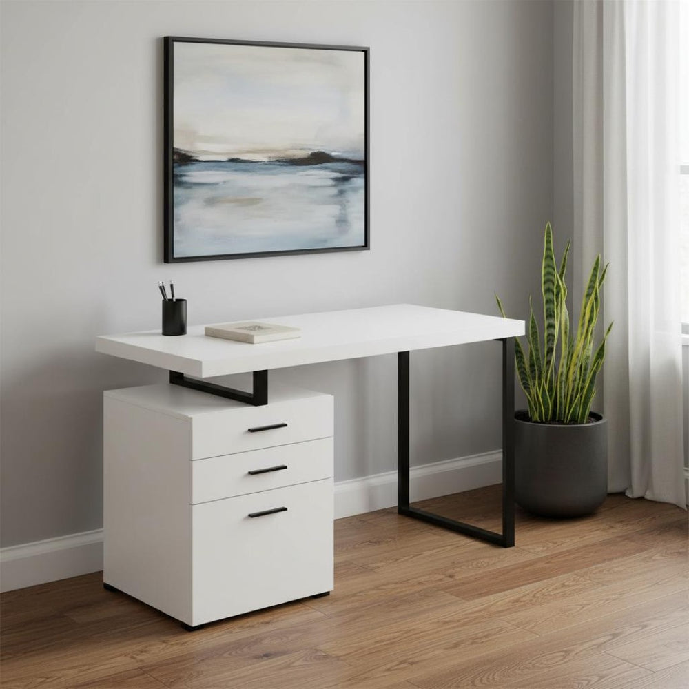 HomeRoots 47" Sleek White and Black Wood & Metal Sled Desk with 3 Drawers - Modern, Versatile Home Office Solution 489922