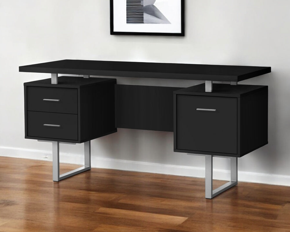 Homeroots 60" Black And Gray Wood And Metal Sled Desk With 3 Drawers – Stylish, Versatile, And Durable Workspace   489925