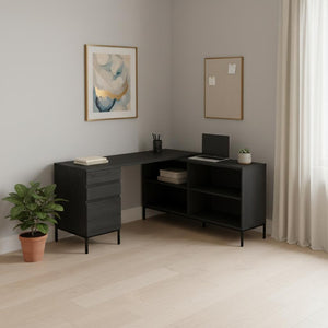 HomeRoots 60" Black L-Shaped Computer Desk with 3 Drawers - Modern, Space-Saving Design for Home Office Use 489927