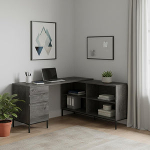 HomeRoots 60" Gray and Black L-Shaped Computer Desk with Drawers - Modern, Durable, Perfect for Home Office! 489928