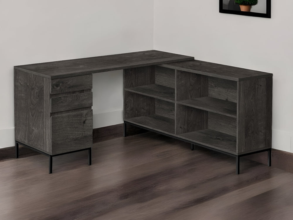 Homeroots 60" Gray And Black L Shape Computer Desk With Three Drawers   489928