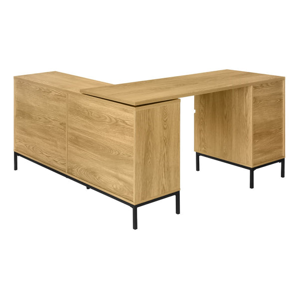 HomeRoots 60" Brown and Black L-Shaped Computer Desk with Three Drawers for Stylish Home Office Organization 489930
