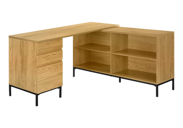 HomeRoots 60" Brown and Black L-Shaped Computer Desk with Three Drawers for Stylish Home Office Organization 489930