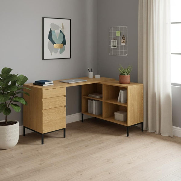 HomeRoots 60" Brown and Black L-Shaped Computer Desk with Three Drawers for Stylish Home Office Organization 489930