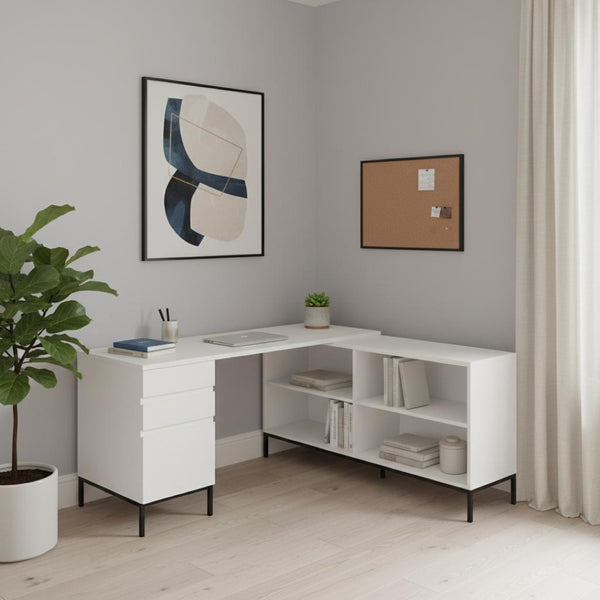 HomeRoots 60" Modern L-Shaped Computer Desk in White and Black - Spacious, Stylish, and Highly Functional 489931