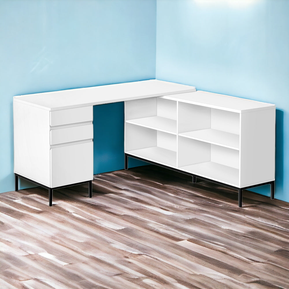 Homeroots 60" White And Black L Shape Computer Desk With Three Drawers   489931