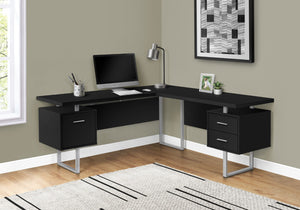 HomeRoots 71" L-Shaped Black and Gray Computer Desk with Versatile Configuration, Three Drawers & Modern Style 489934