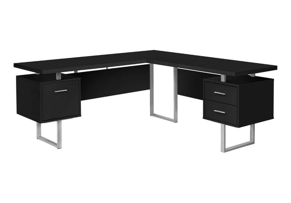 HomeRoots 71" L-Shaped Black and Gray Computer Desk with Versatile Configuration, Three Drawers & Modern Style 489934