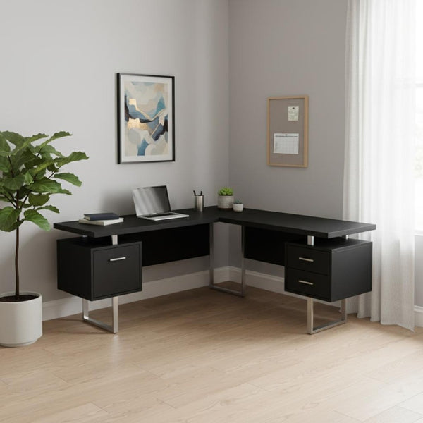 HomeRoots 71" L-Shaped Black and Gray Computer Desk with Versatile Configuration, Three Drawers & Modern Style 489934