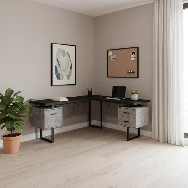 HomeRoots 71" Black L-Shape Computer Desk with 3 Drawers - Modern Home Office Furniture, Reversible Assembly 489935