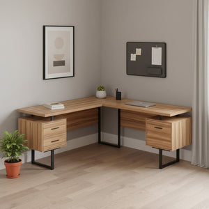 HomeRoots 71" Brown and Black L-Shaped Computer Desk with Three Drawers for Stylish & Functional Workspaces 489938