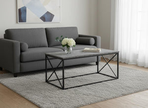 HomeRoots 41" Gray Wood and Black Metal Coffee Table - Modern Industrial Design for Stylish Living Spaces 489951