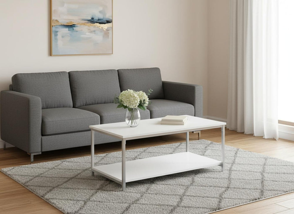 HomeRoots 40" Modern White and Silver Metal Coffee Table with Eucalyptus Accents - Stylish and Versatile Centerpiece 489954