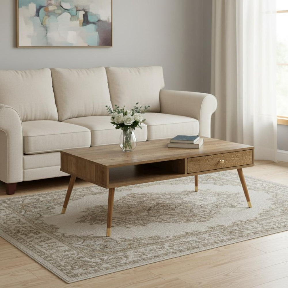 HomeRoots 44" Timeless Solid Wood Coffee Table with Drawer and Shelf - Elegant Storage for Modern Spaces 489955