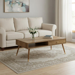 HomeRoots 44" Timeless Solid Wood Coffee Table with Drawer and Shelf - Elegant Storage for Modern Spaces 489955