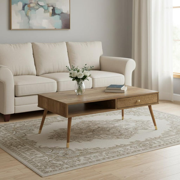 HomeRoots 44" Timeless Solid Wood Coffee Table with Drawer and Shelf - Elegant Storage for Modern Spaces 489955