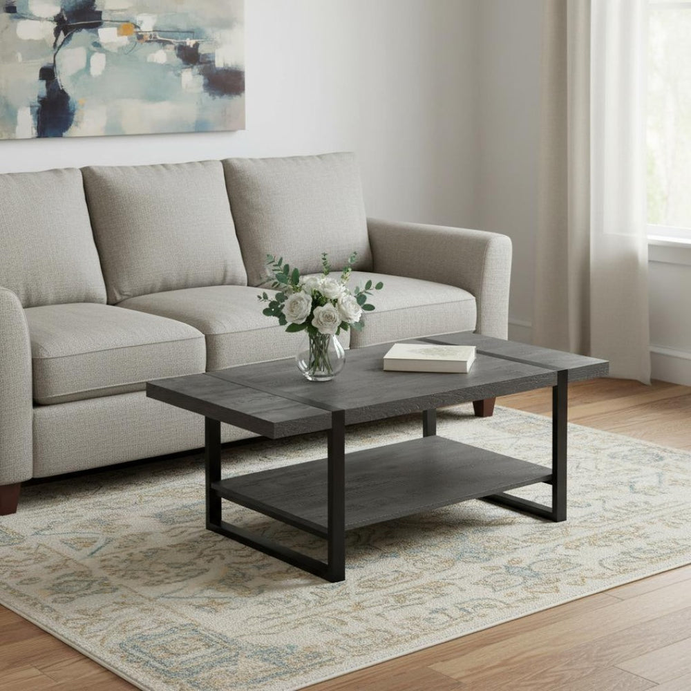 HomeRoots 47" Modern Black Coffee Table with Lower Shelf for Stylish Storage in Living Rooms & Offices 489960