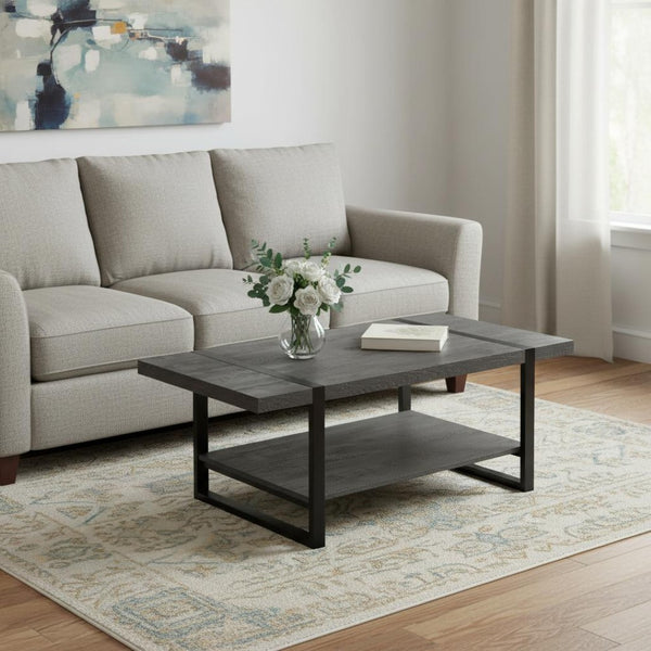 HomeRoots 47" Modern Black Coffee Table with Lower Shelf for Stylish Storage in Living Rooms & Offices 489960
