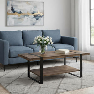 HomeRoots 47" Industrial-Farmhouse Brown and Black Wood Coffee Table with Storage Shelf for Modern Living Room 489961