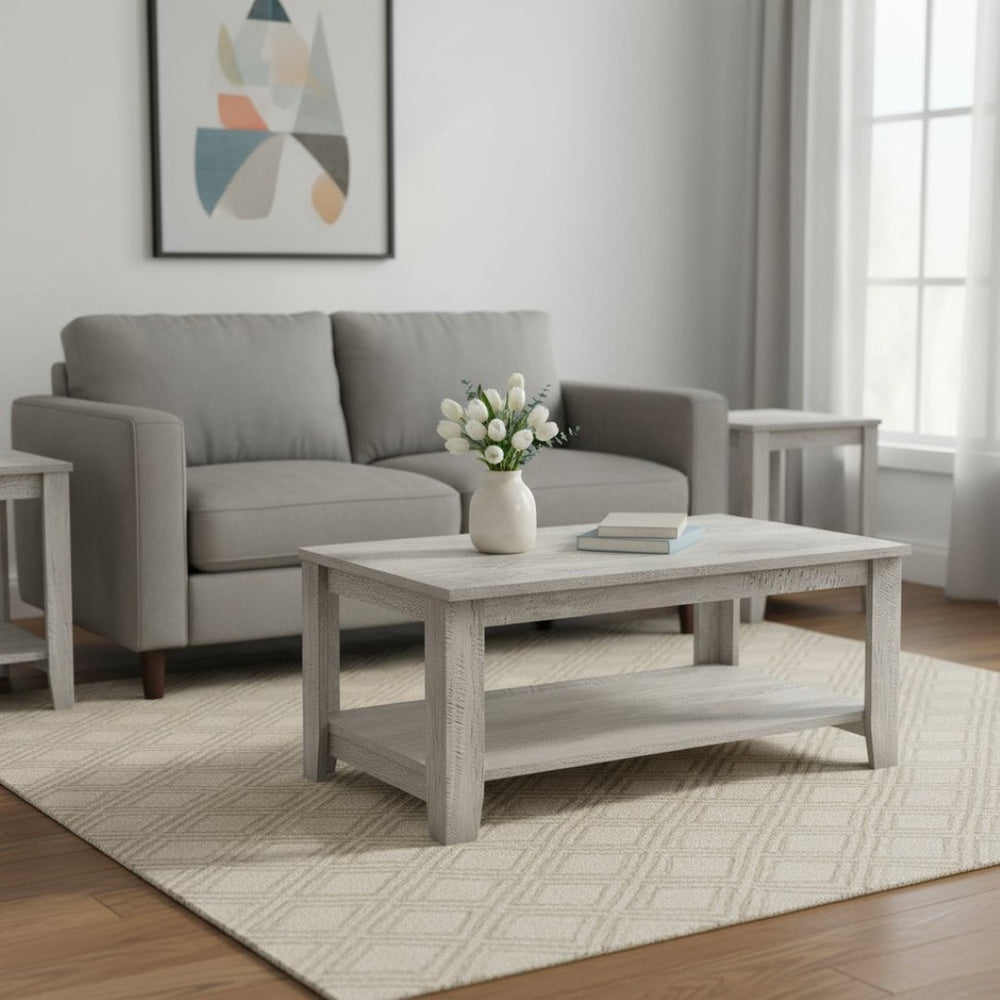 HomeRoots Set of Three 42" Gray Rectangular Coffee Tables with 3 Shelves for Stylish Living Room Organization 489974