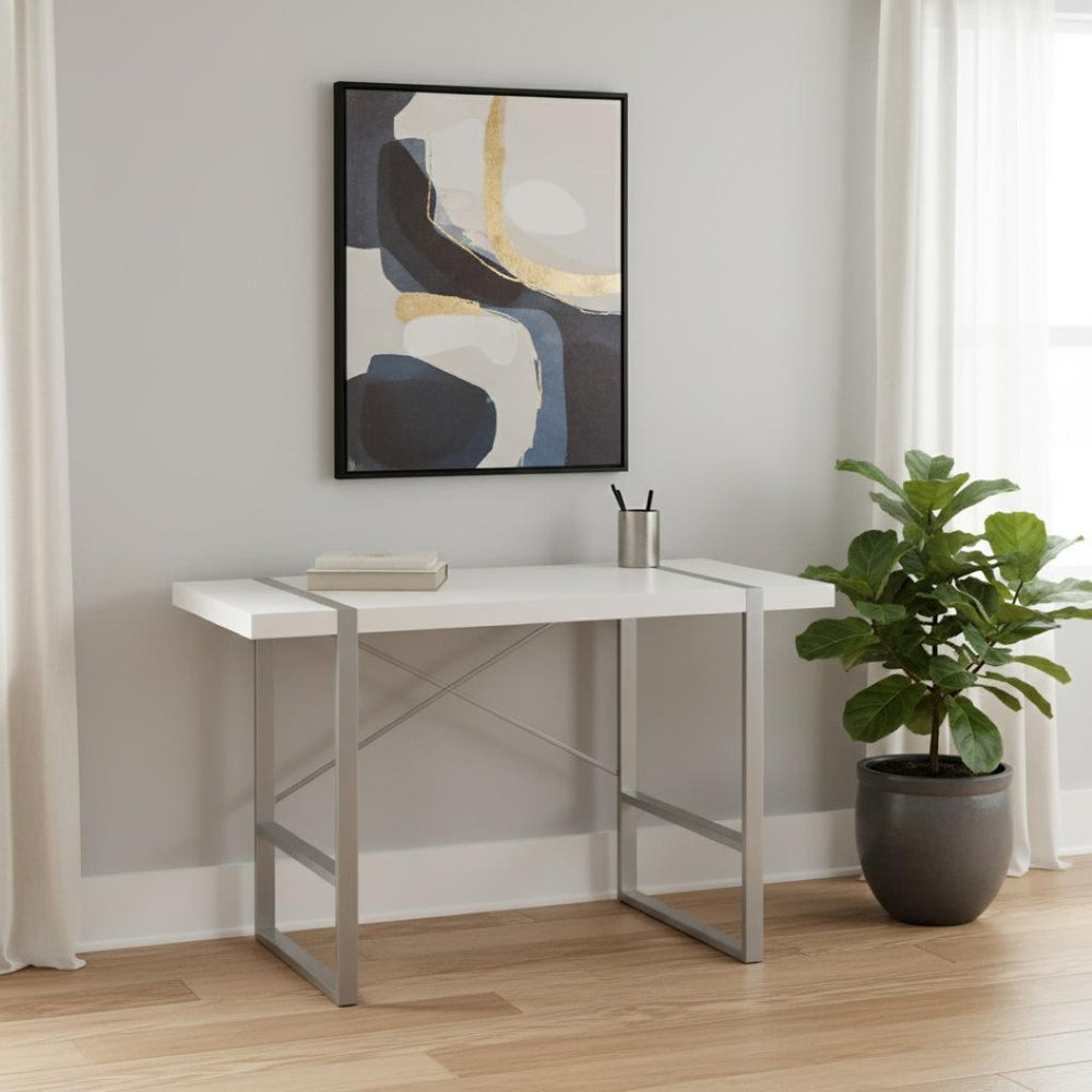 HomeRoots 49" Modern White and Gray Computer Desk - Stylish, Sturdy Home Office Furniture for Productive Workspaces 489983