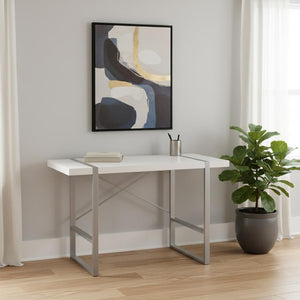 HomeRoots 49" Modern White and Gray Computer Desk - Stylish, Sturdy Home Office Furniture for Productive Workspaces 489983