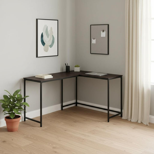 HomeRoots 58" Stylish Espresso and Black L-Shaped Computer Desk with Durable Metal Frame for Home Office Use 489984