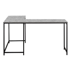 HomeRoots 58" L-Shaped Gray and Black Faux Stone Wood Corner Desk with Metal Frame for Modern Workspaces 489985