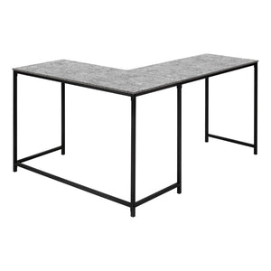 HomeRoots 58" L-Shaped Gray and Black Faux Stone Wood Corner Desk with Metal Frame for Modern Workspaces 489985