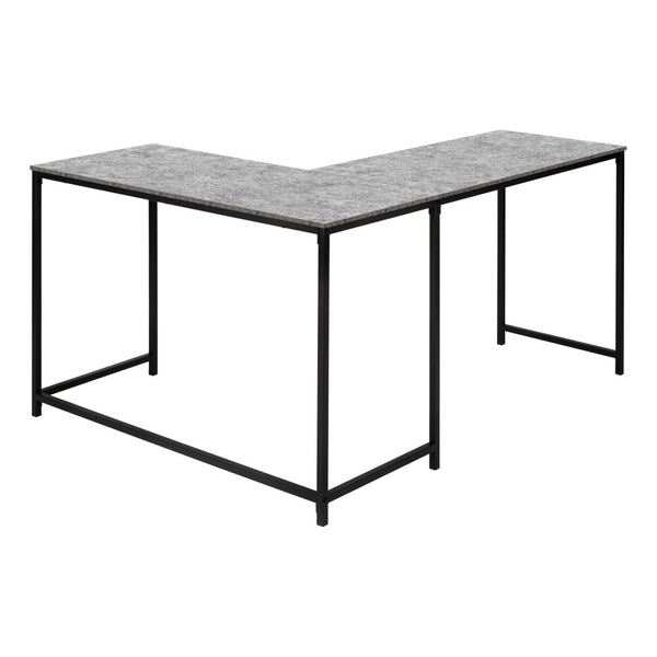 HomeRoots 58" L-Shaped Gray and Black Faux Stone Wood Corner Desk with Metal Frame for Modern Workspaces 489985