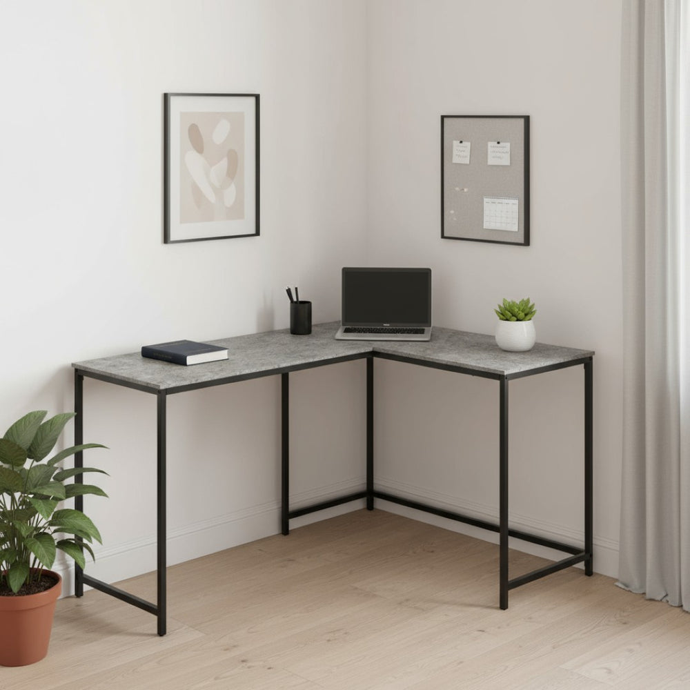 HomeRoots 58" L-Shaped Gray and Black Faux Stone Wood Corner Desk with Metal Frame for Modern Workspaces 489985
