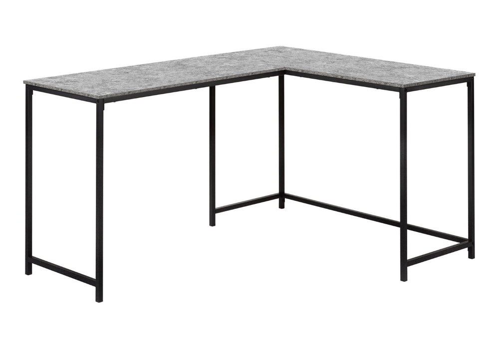 HomeRoots 58" L-Shaped Gray and Black Faux Stone Wood Corner Desk with Metal Frame for Modern Workspaces 489985