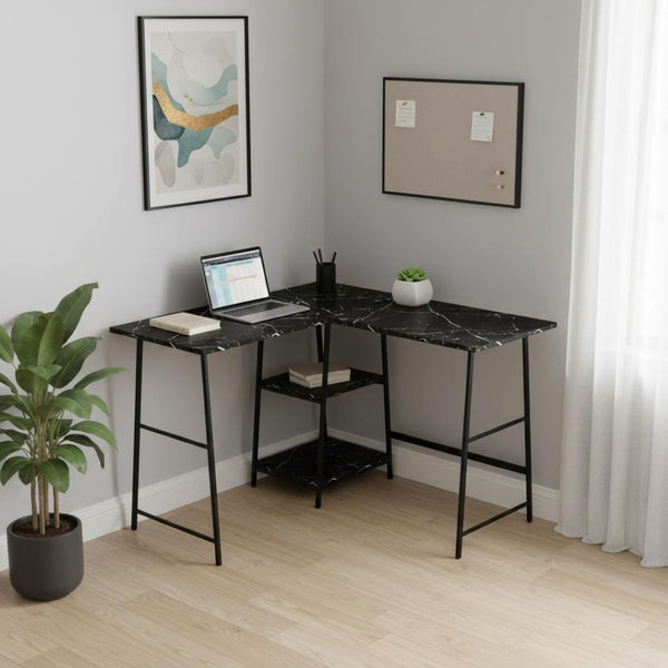 HomeRoots 42" Black and White Corner Trestle Computer Desk – Modern Workspace with Open Shelving & Sturdy Design 489988