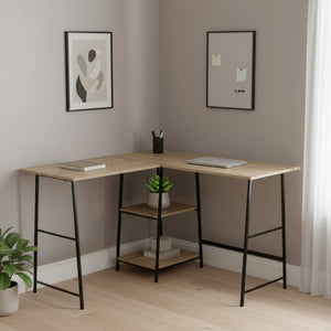 HomeRoots 42" Taupe and Black L-Shaped Computer Desk – Modern, Space-Saving Design with Storage Solutions 489989