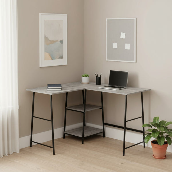 HomeRoots 42" Gray and Black Wood and Metal Corner Desk – Modern Industrial Design for Home Office & Storage 489990