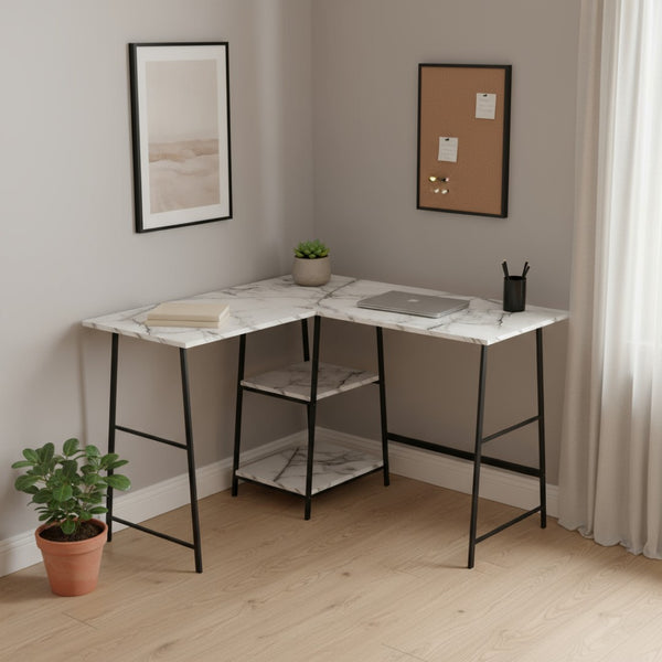 HomeRoots 42" Modern Corner Trestle Computer Desk with White Wood Finish & Black Metal Accents for Home Office 489991