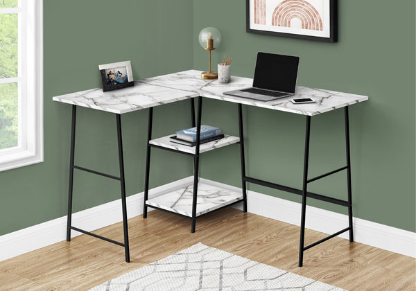 HomeRoots 42" Modern Corner Trestle Computer Desk with White Wood Finish & Black Metal Accents for Home Office 489991