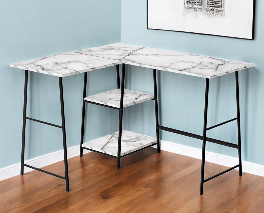 Homeroots 42" Elegant White And Black Wood & Metal Corner Trestle Computer Desk For Small Spaces & Style   489991